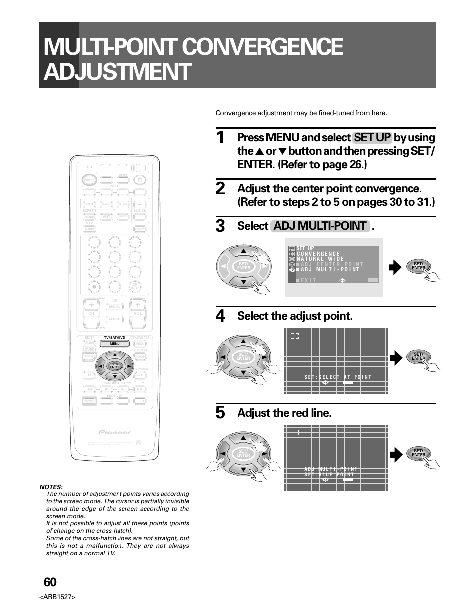 Multi-point convergence adjustment, Select adj multi-point, Select the adjust point | Adjust the red line, Arb1527 | Pioneer Elite PRO 510HD User Manual | Page 60 / 92