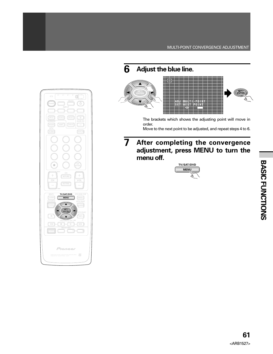 61 basic functions, Adjust the blue line, Arb1527 | Multi-point convergence adjustment | Pioneer Elite PRO 510HD User Manual | Page 61 / 92