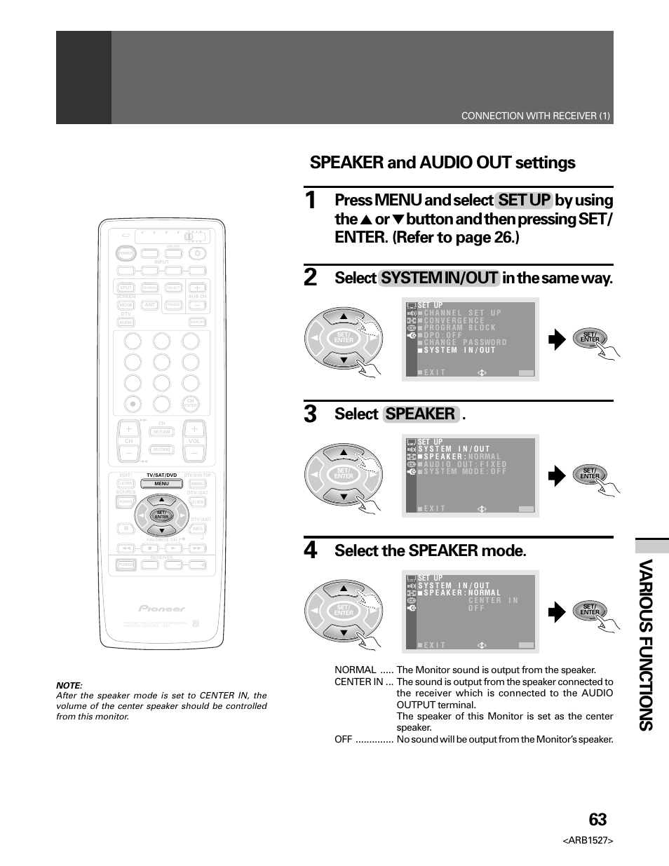 Connection with receiver (2), 63 v arious functions, Speaker and audio out settings | Select system in/out in the same way, Select the speaker mode, Select speaker, Arb1527, Connection with receiver (1) | Pioneer Elite PRO 510HD User Manual | Page 63 / 92