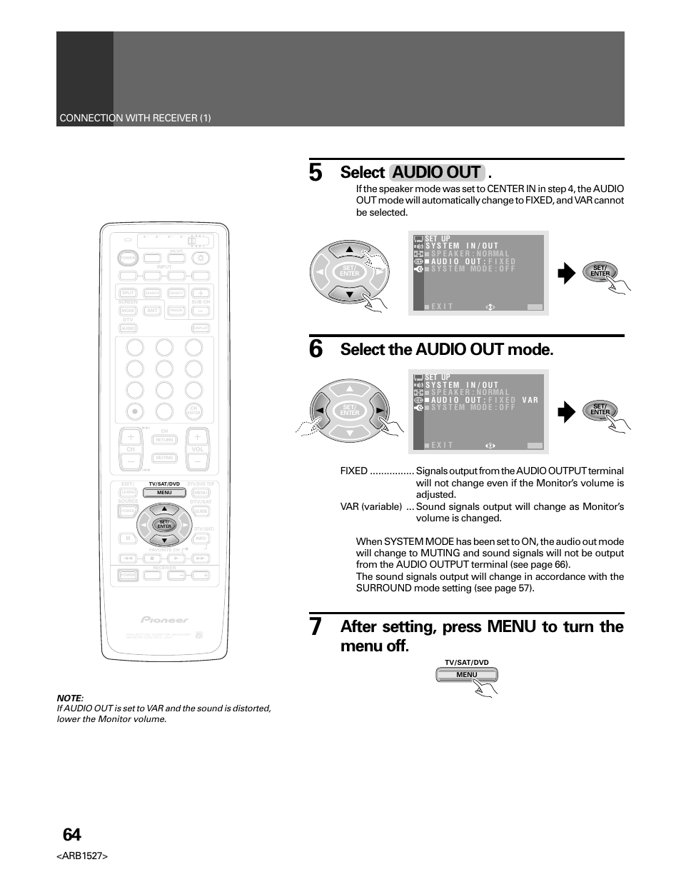 Select the audio out mode, Select audio out, After setting, press menu to turn the menu off | Pioneer Elite PRO 510HD User Manual | Page 64 / 92