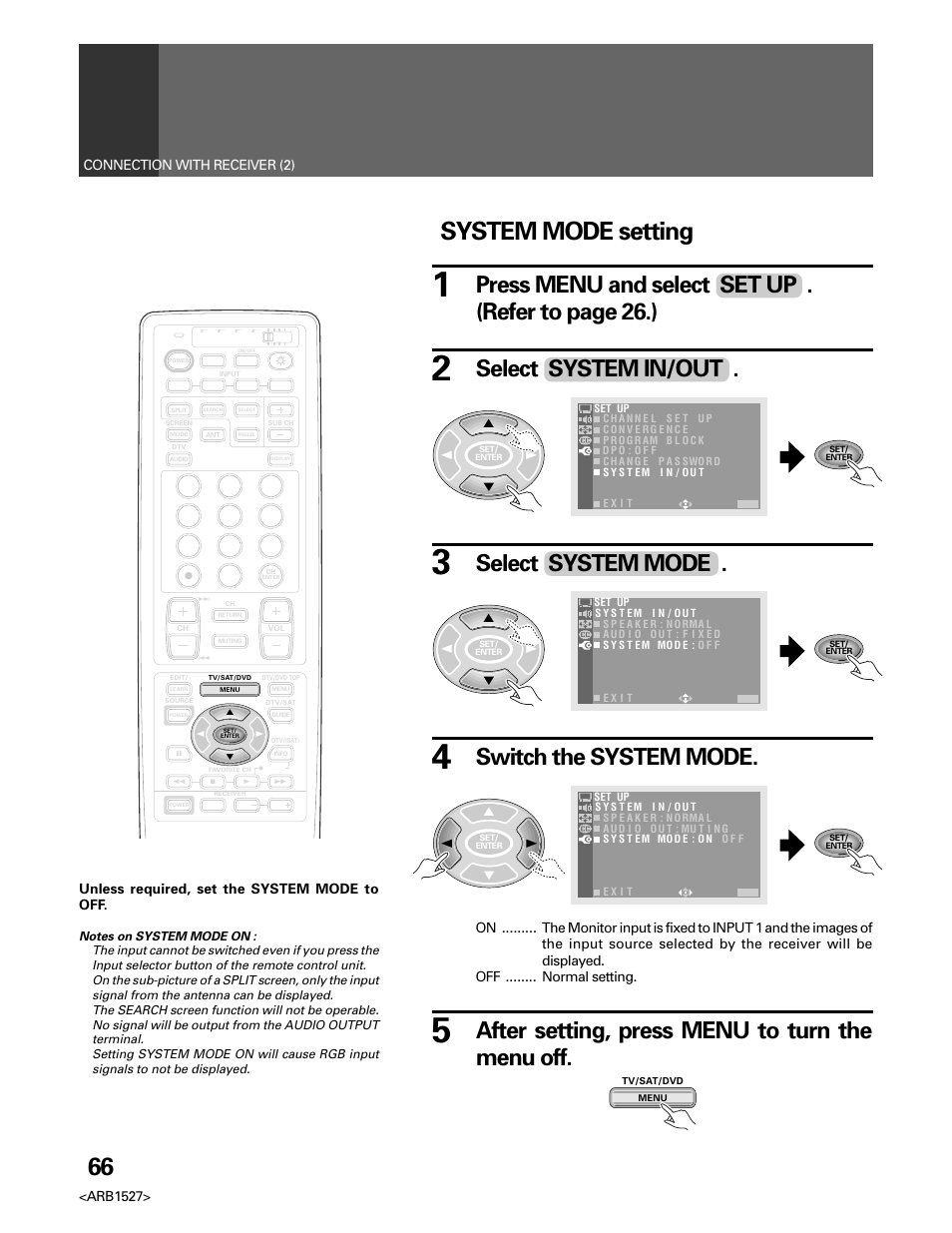 System mode setting, Press menu and select set up . (refer to page 26.), Select system in/out | Switch the system mode, Select system mode, After setting, press menu to turn the menu off, Unless required, set the system mode to off | Pioneer Elite PRO 510HD User Manual | Page 66 / 92