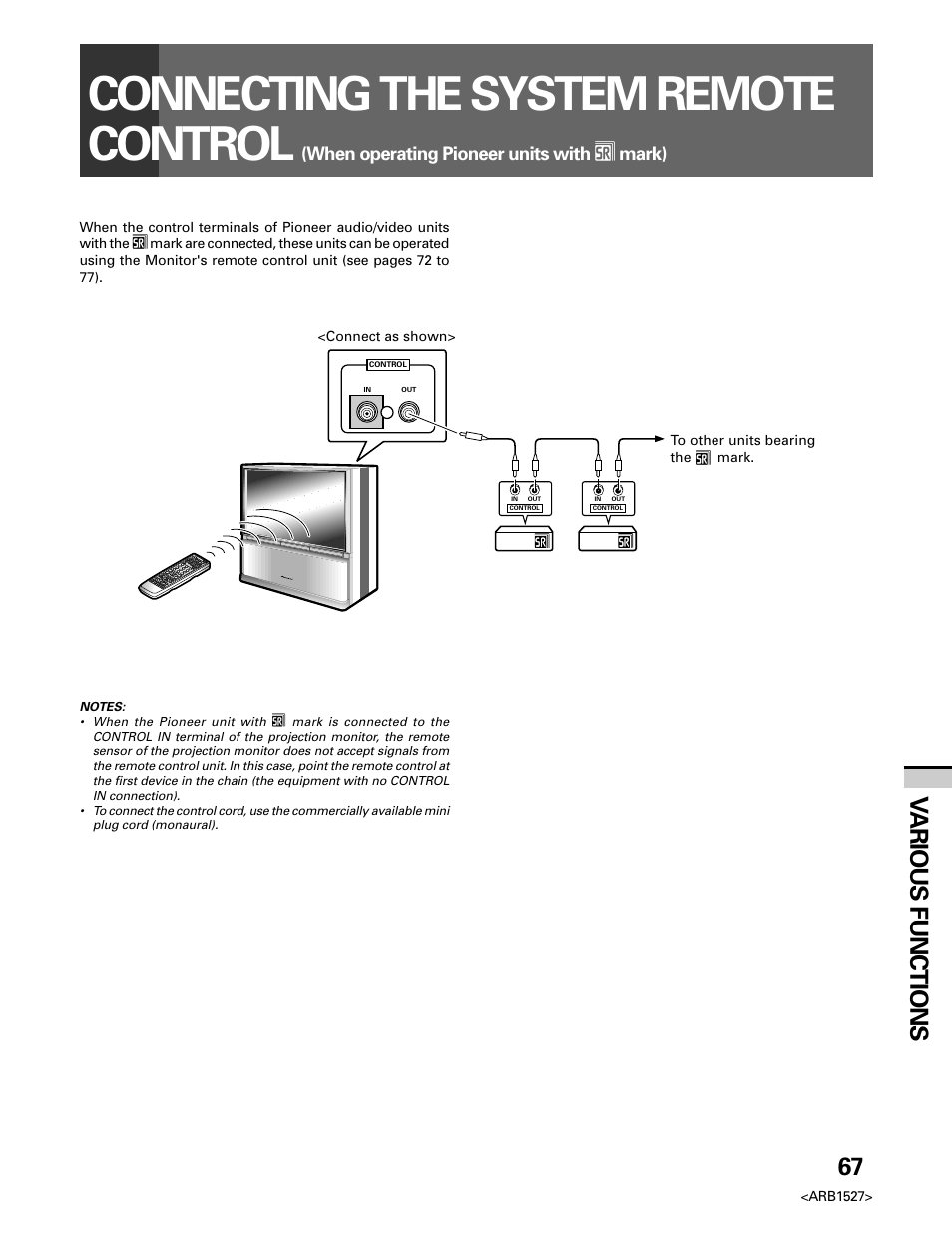 Connecting the system remote control, 67 v arious functions, When operating pioneer units with î mark) | Pioneer Elite PRO 510HD User Manual | Page 67 / 92