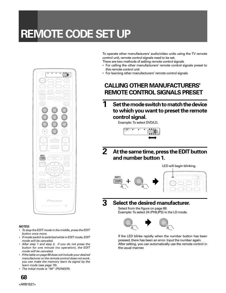 Remote code set up, Select the desired manufacturer, Arb1527 | Example: to select dvd/ld | Pioneer Elite PRO 510HD User Manual | Page 68 / 92