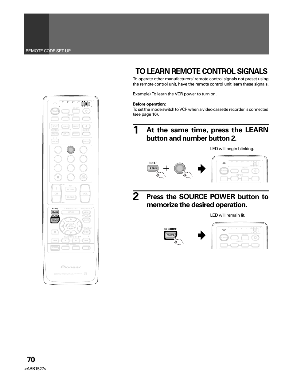 Arb1527, Remote code set up, Led will begin blinking | Led will remain lit | Pioneer Elite PRO 510HD User Manual | Page 70 / 92