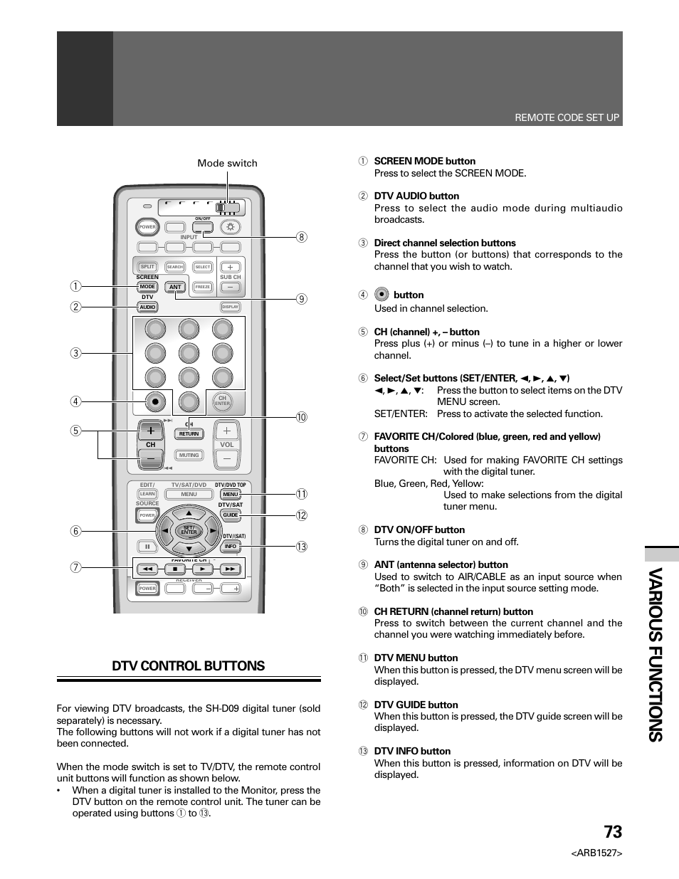 73 v arious functions, Dtv control buttons | Pioneer Elite PRO 510HD User Manual | Page 73 / 92