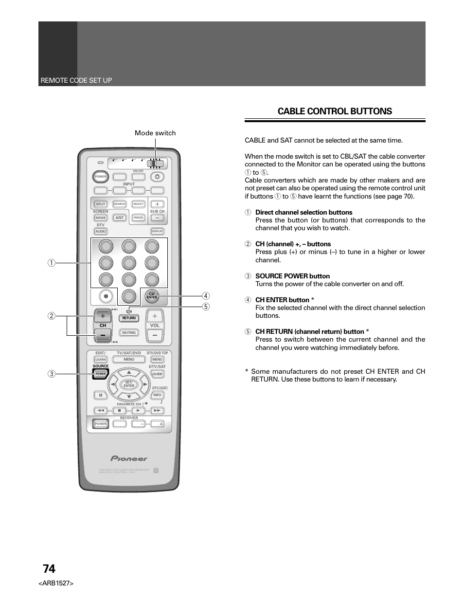 Cable control buttons, Arb1527> remote code set up, Mode switch | Pioneer Elite PRO 510HD User Manual | Page 74 / 92