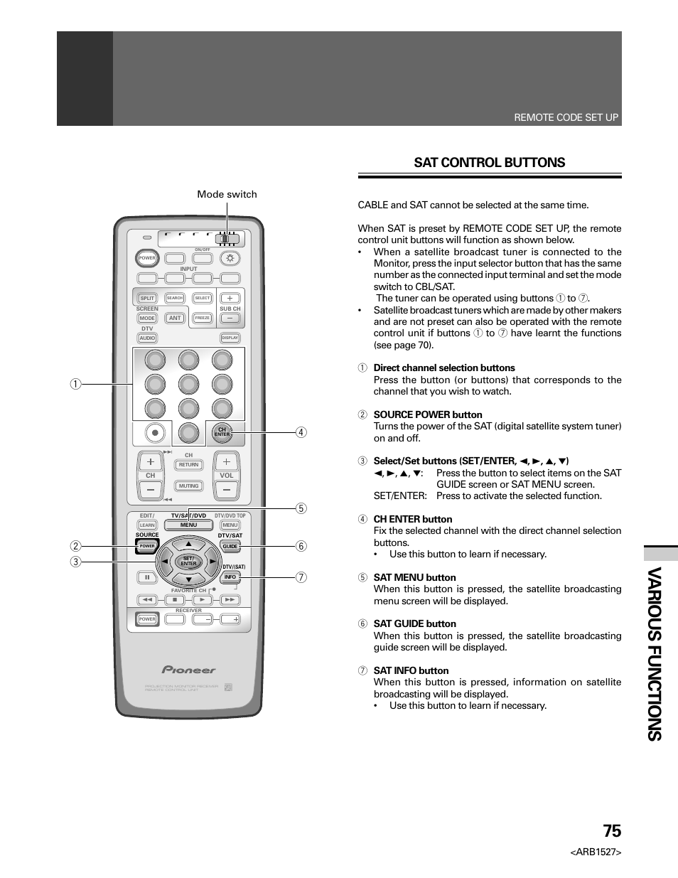 75 v arious functions, Sat control buttons, Arb1527 | Remote code set up, Mode switch | Pioneer Elite PRO 510HD User Manual | Page 75 / 92