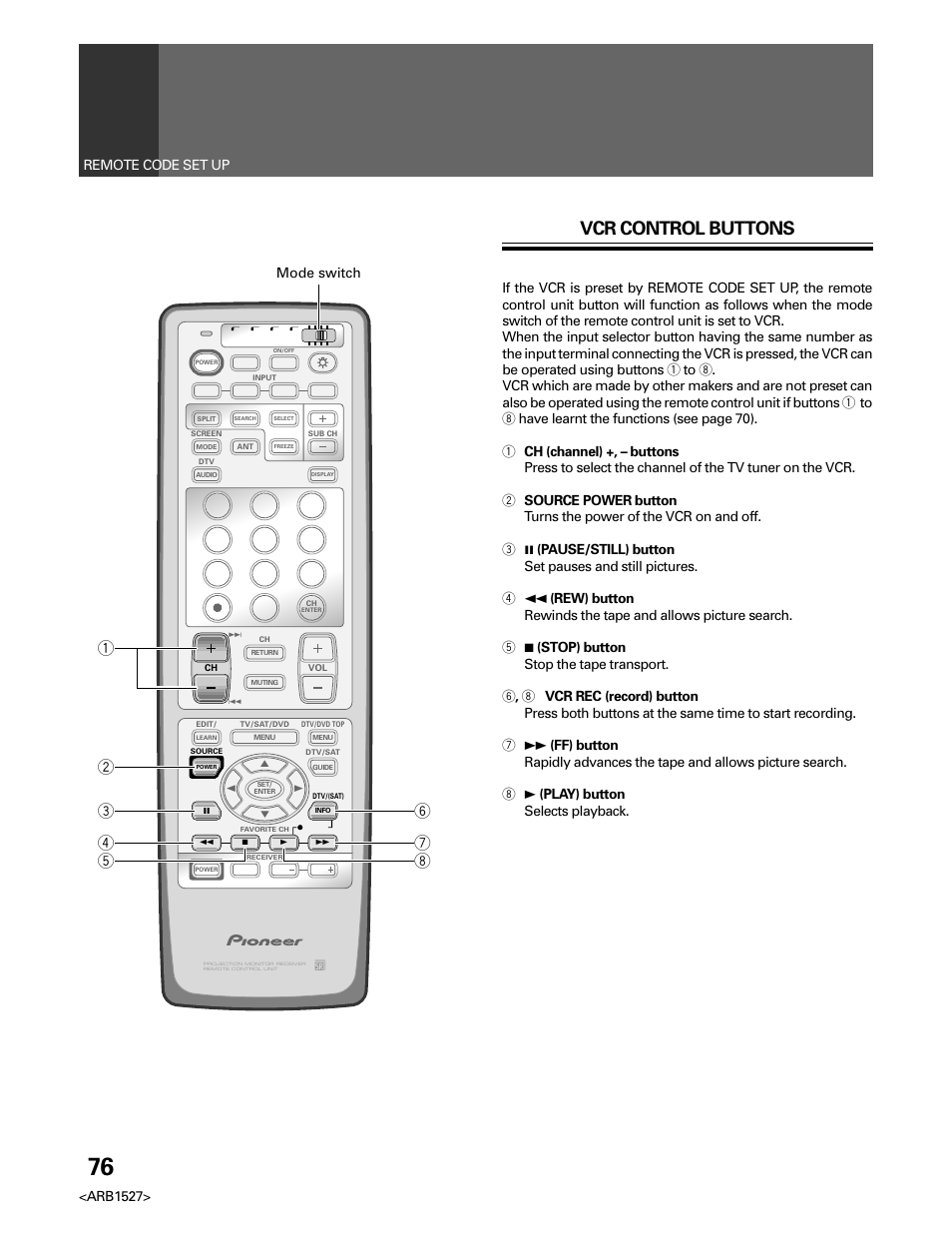 Vcr control buttons, Arb1527> remote code set up, Mode switch | Pioneer Elite PRO 510HD User Manual | Page 76 / 92