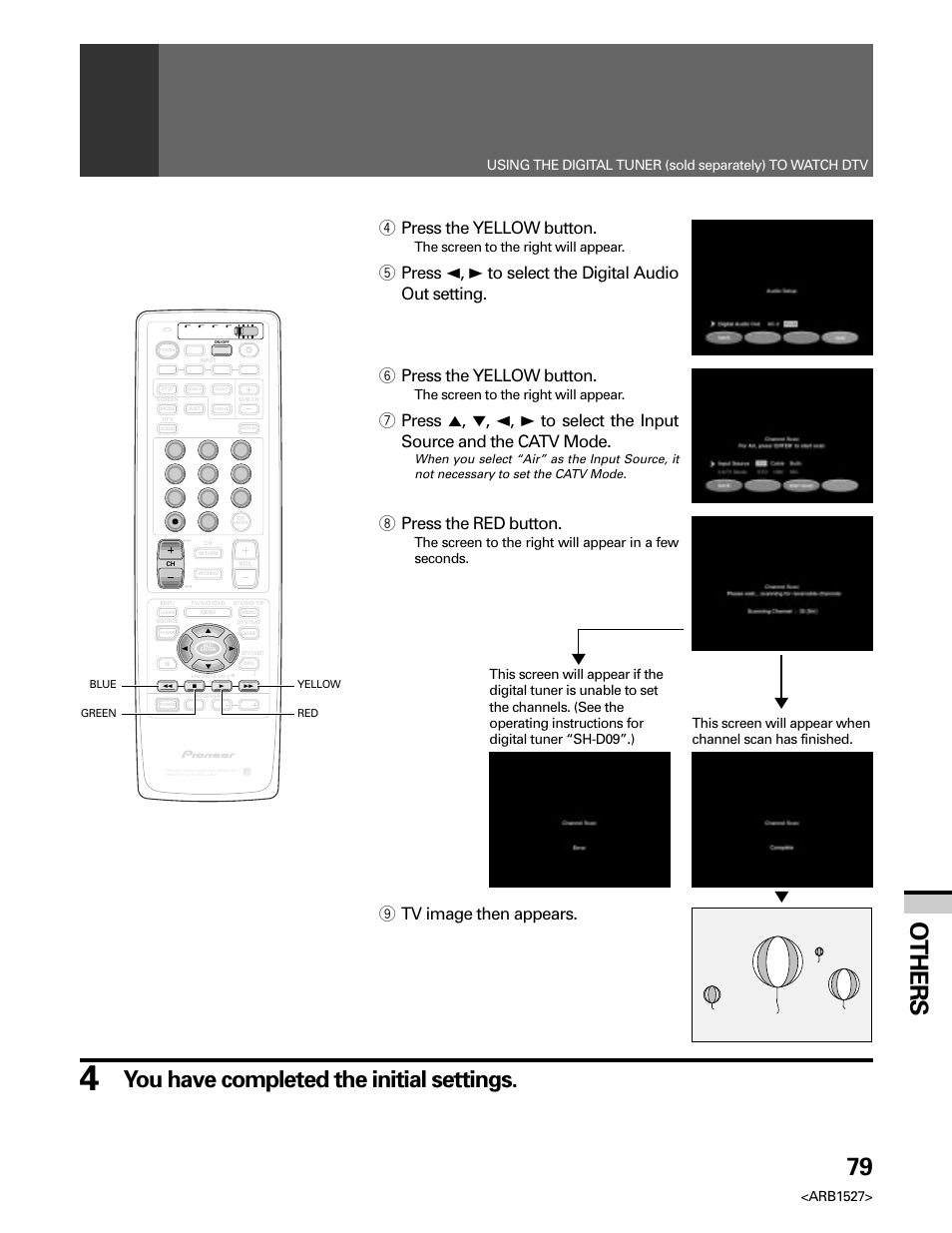 79 others, You have completed the initial settings, 4 press the yellow button | 6 press the yellow button, 8 press the red button, 9 tv image then appears, Arb1527, The screen to the right will appear | Pioneer Elite PRO 510HD User Manual | Page 79 / 92