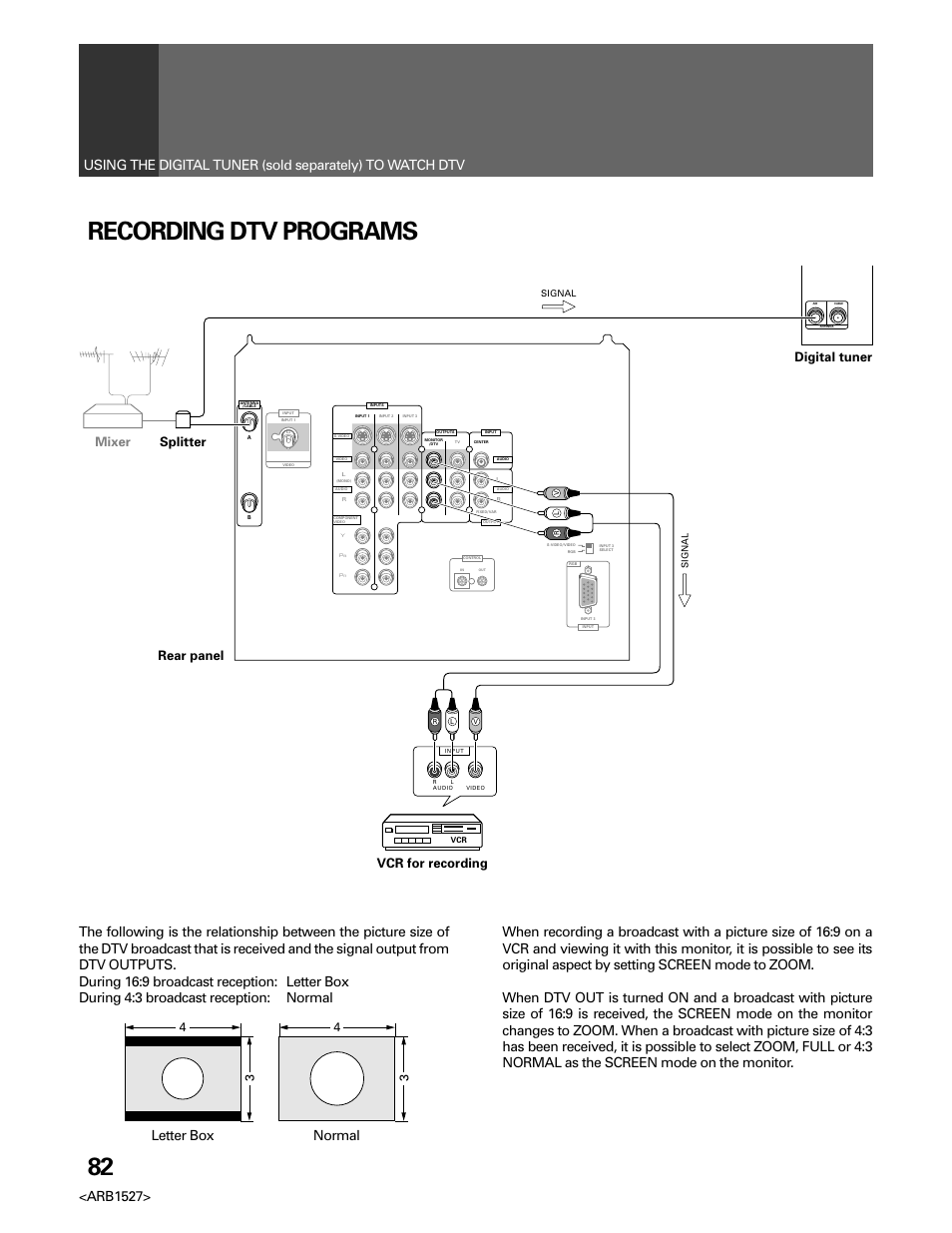 Recording dtv programs, Rear panel digital tuner, Mixer splitter | Vcr for recording | Pioneer Elite PRO 510HD User Manual | Page 82 / 92