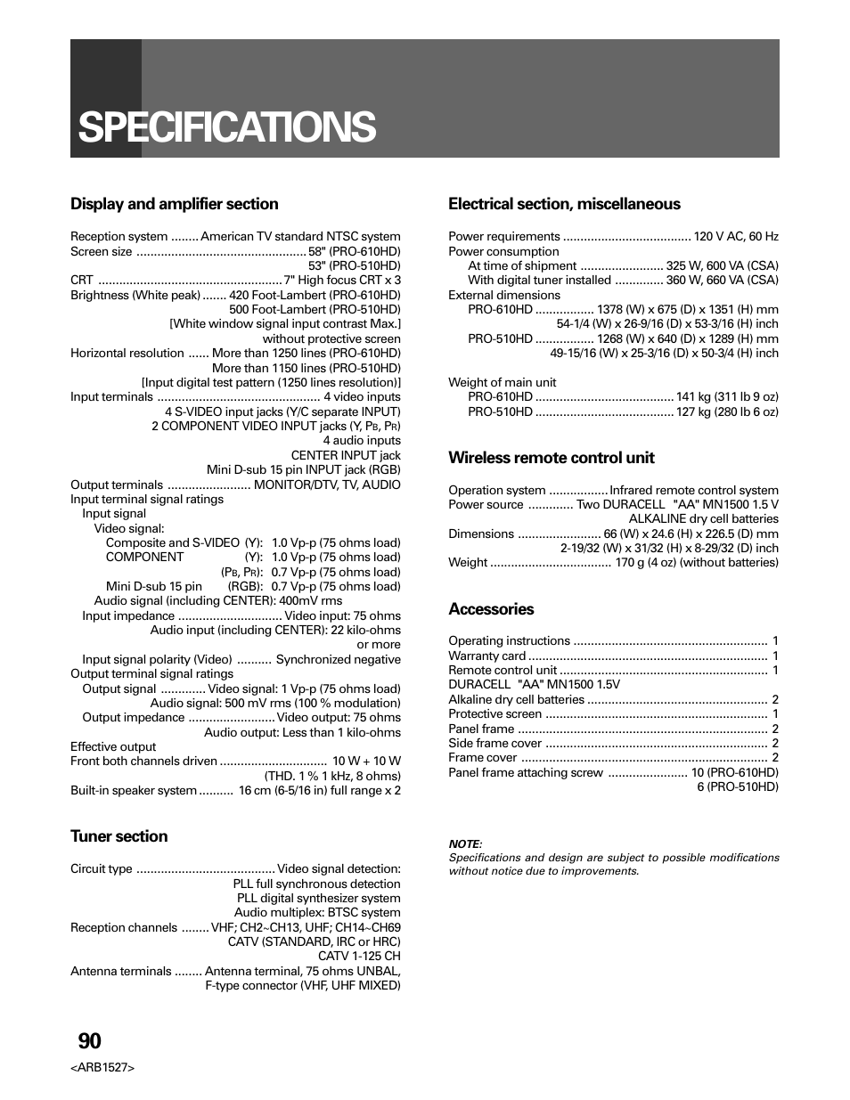 Specifications, Wireless remote control unit, Accessories | Pioneer Elite PRO 510HD User Manual | Page 90 / 92