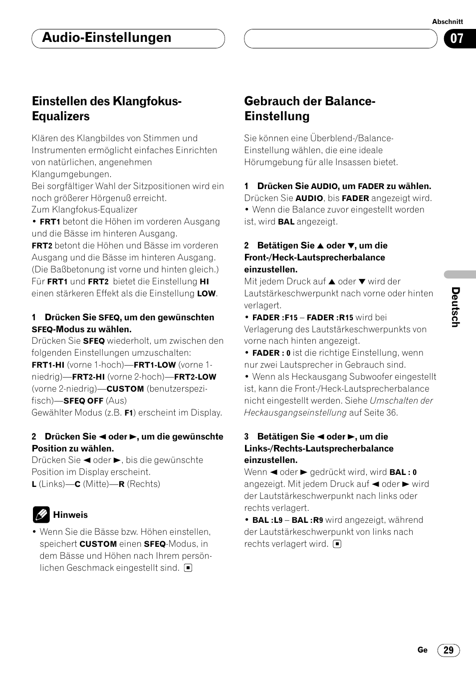 Audio-einstellungen, Einstellen des klangfokus- equalizers, Gebrauch der balance- einstellung | Pioneer KEH-P6020RB User Manual | Page 105 / 116