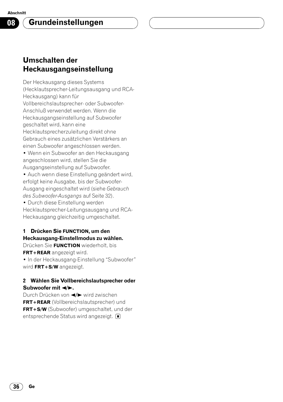 Umschalten der heckausgangseinstellung 36, Grundeinstellungen, Umschalten der heckausgangseinstellung | Pioneer KEH-P6020RB User Manual | Page 112 / 116