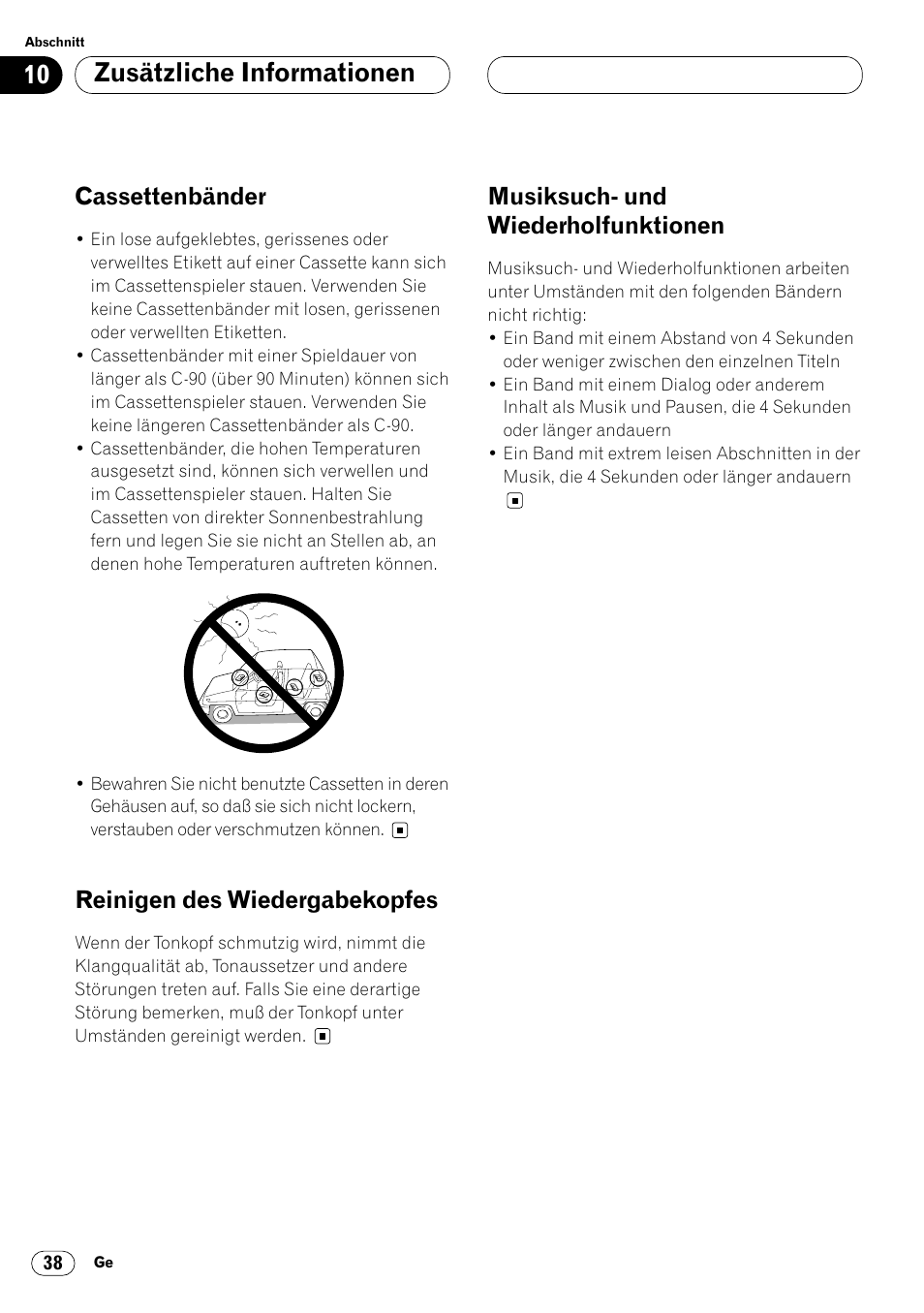 Zusätzliche informationen, Cassettenbänder, Reinigen des wiedergabekopfes | Musiksuch- und wiederholfunktionen | Pioneer KEH-P6020RB User Manual | Page 114 / 116
