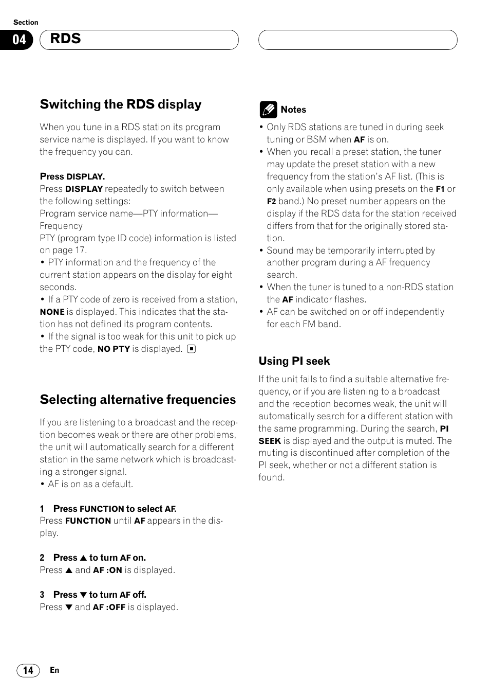 Using pi seek 14, Switching the rds display, Selecting alternative frequencies | Pioneer KEH-P6020RB User Manual | Page 14 / 116