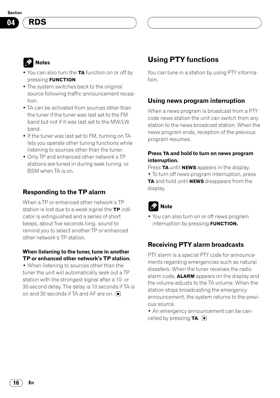 Responding to the tp alarm 16, Using pty functions 16, Using pty functions | Pioneer KEH-P6020RB User Manual | Page 16 / 116