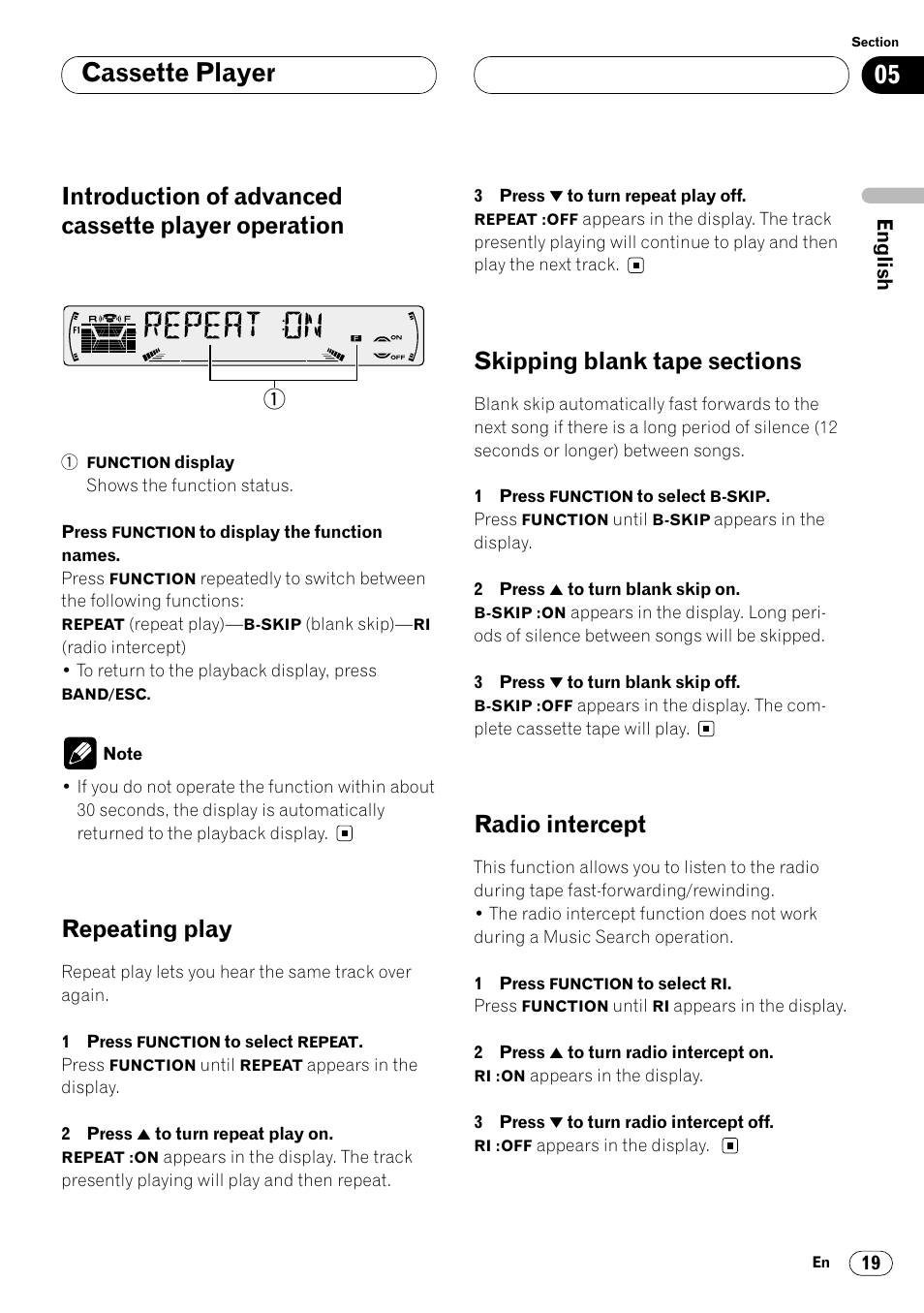 Introduction of advanced cassette, Player operation 19, Cassette player | Introduction of advanced cassette player operation, Repeating play, Radio intercept | Pioneer KEH-P6020RB User Manual | Page 19 / 116