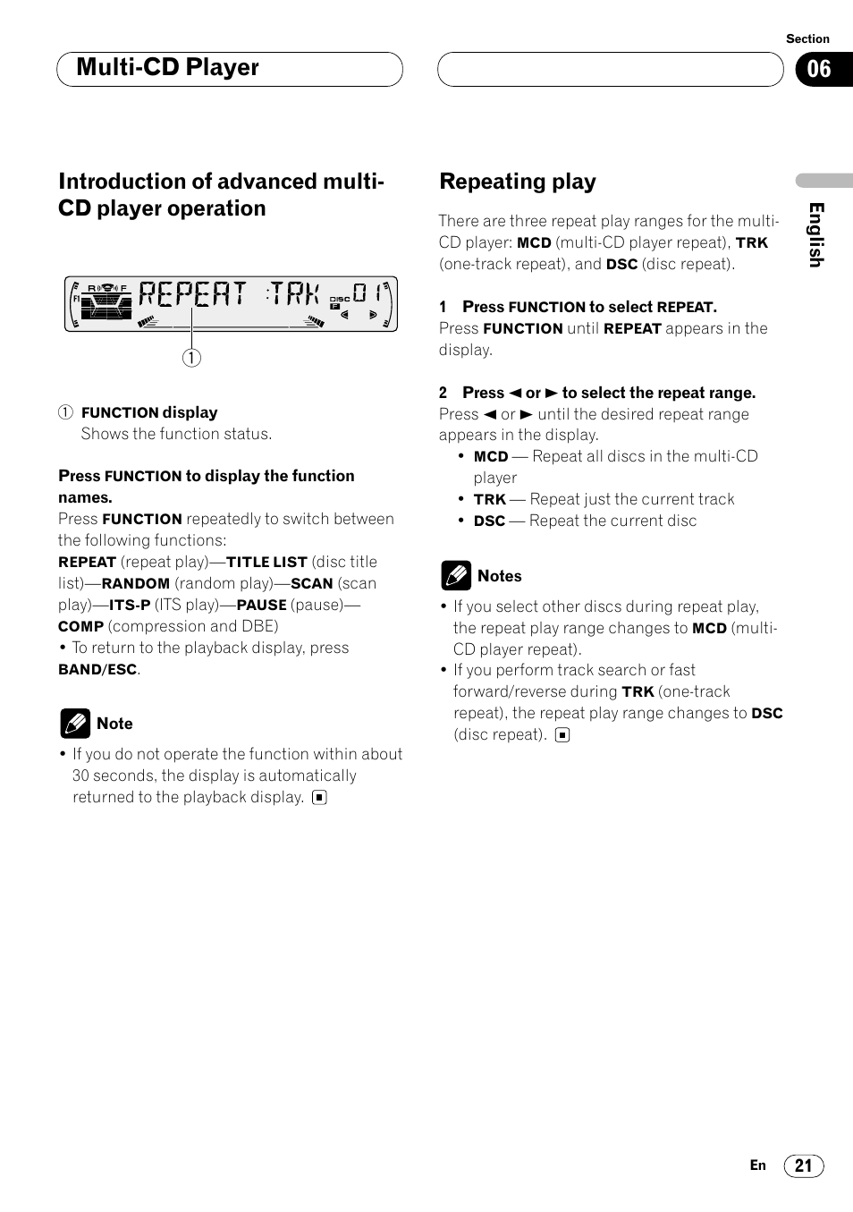 Introduction of advanced multi-cd player, Operation 21, Repeating play 21 | Multi-cd player, Repeating play | Pioneer KEH-P6020RB User Manual | Page 21 / 116