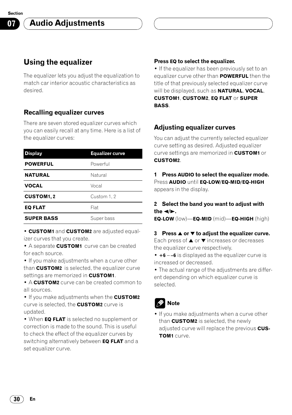 Using the equalizer 30, Audio adjustments, Using the equalizer | Recalling equalizer curves, Adjusting equalizer curves | Pioneer KEH-P6020RB User Manual | Page 30 / 116