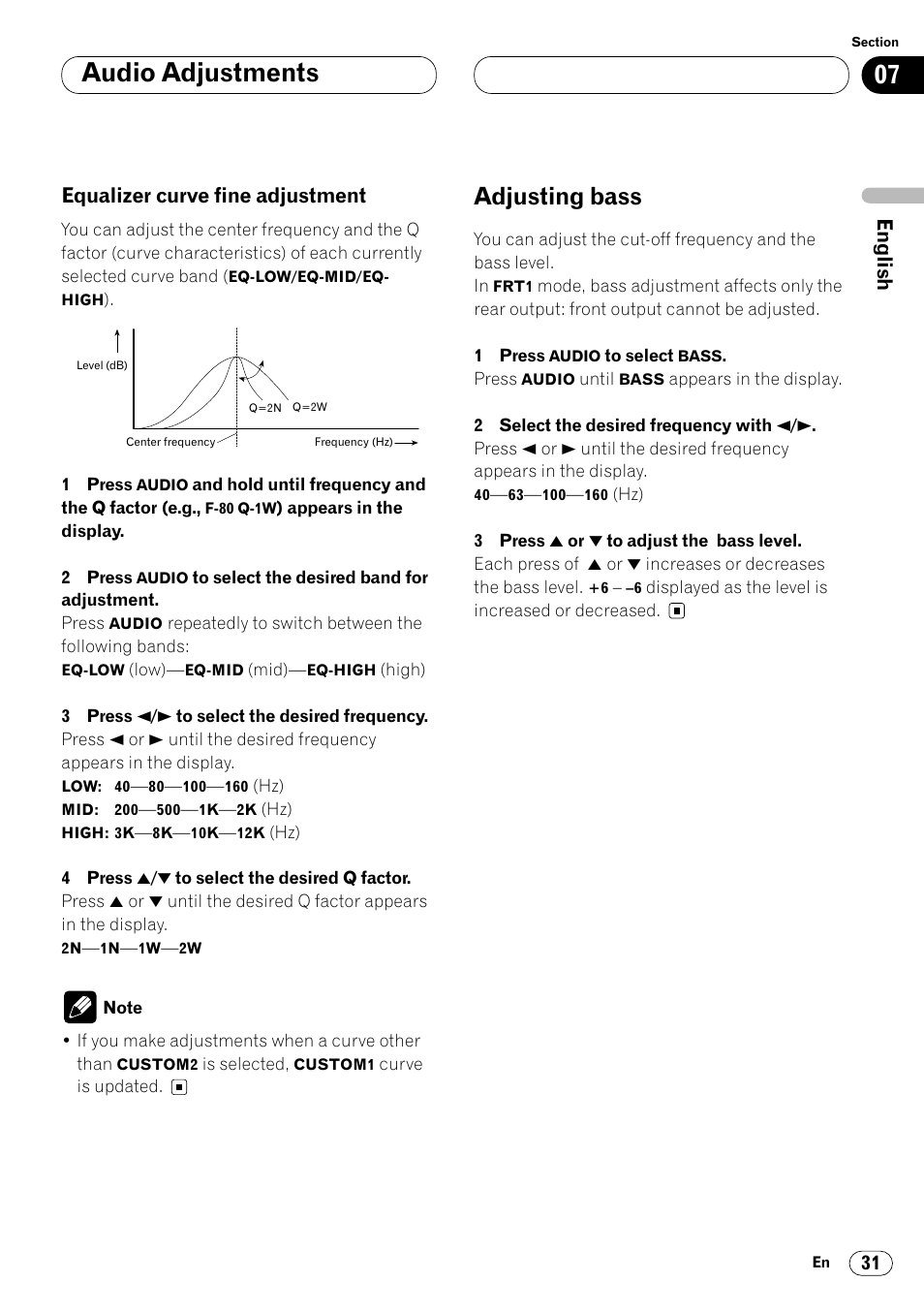 Equalizer curve fine adjustment 31, Adjusting bass 31, Audio adjustments | Adjusting bass, Equalizer curve fine adjustment | Pioneer KEH-P6020RB User Manual | Page 31 / 116