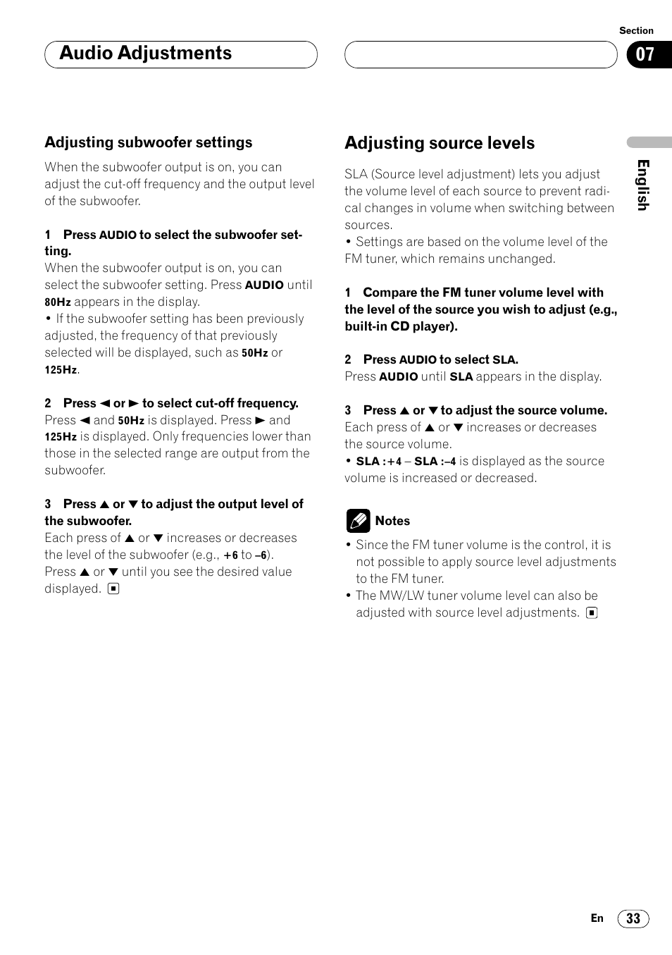 Adjusting subwoofer settings 33, Adjusting source levels 33, Audio adjustments | Adjusting source levels | Pioneer KEH-P6020RB User Manual | Page 33 / 116