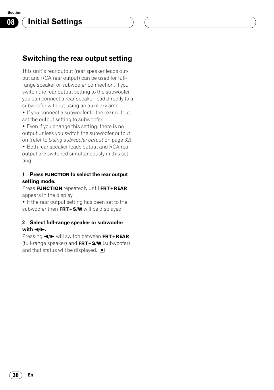 Switching the rear output setting 36, Initial settings, Switching the rear output setting | Pioneer KEH-P6020RB User Manual | Page 36 / 116