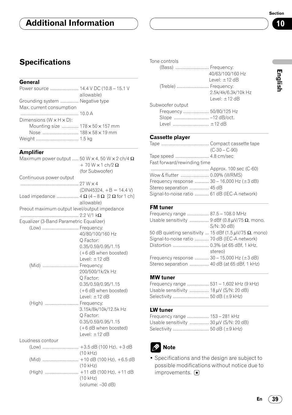 Specifications 39, Additional information, Specifications | Pioneer KEH-P6020RB User Manual | Page 39 / 116