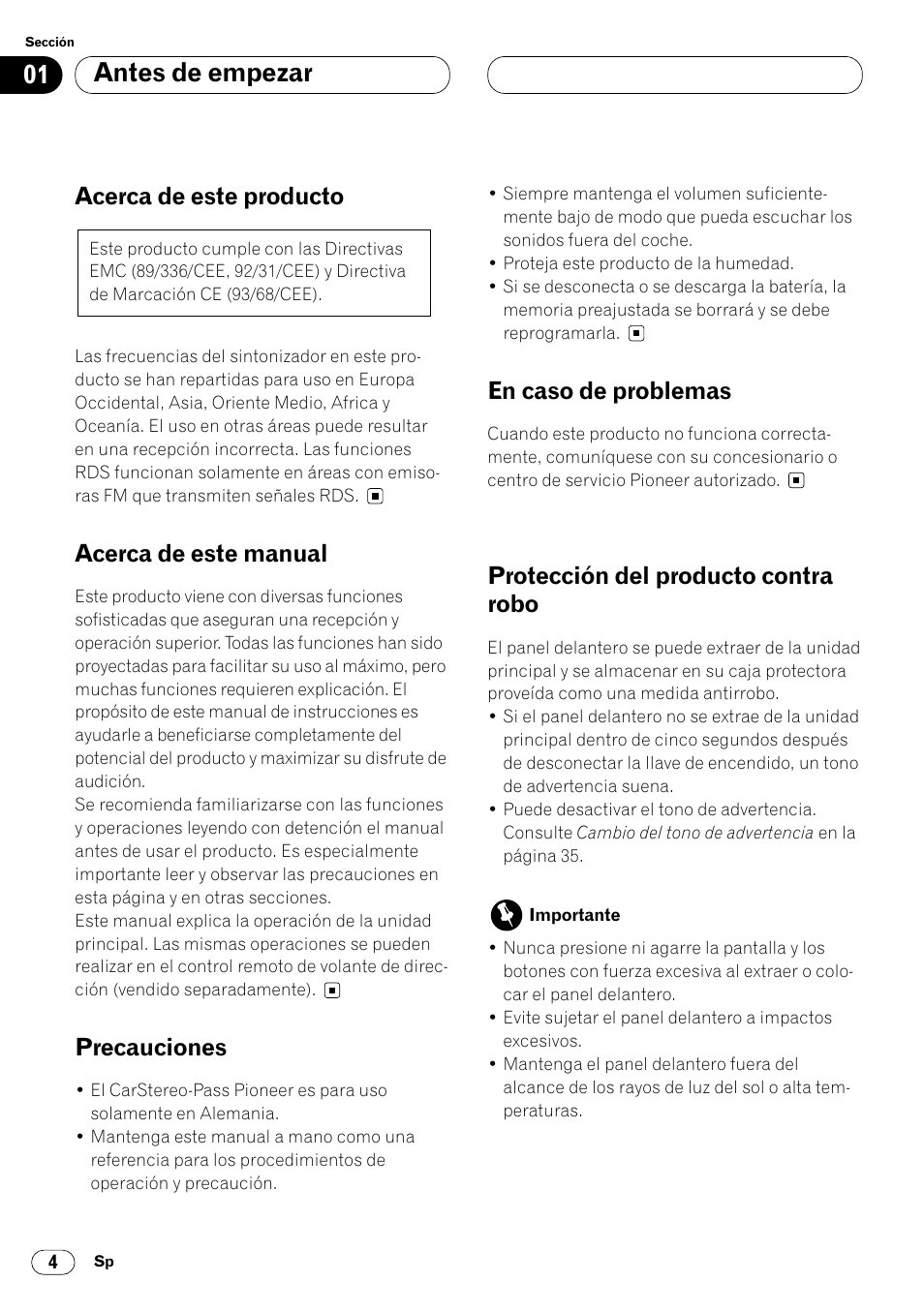 Antes de empezar, Acerca de este producto, Acerca de este manual | Precauciones, En caso de problemas, Protección del producto contra robo | Pioneer KEH-P6020RB User Manual | Page 42 / 116