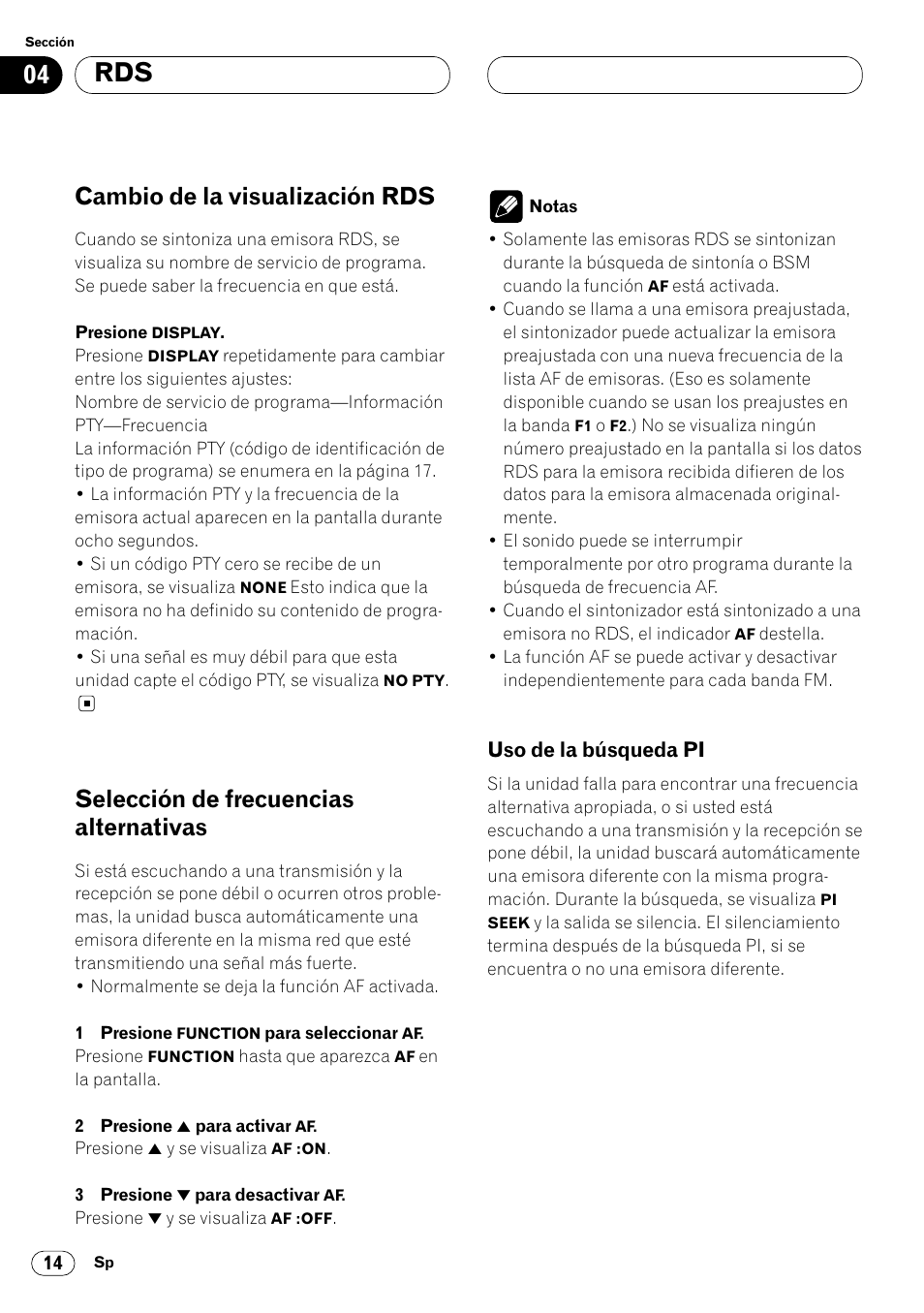 Uso de la búsqueda pi 14, Cambio de la visualización rds, Selección de frecuencias alternativas | Pioneer KEH-P6020RB User Manual | Page 52 / 116