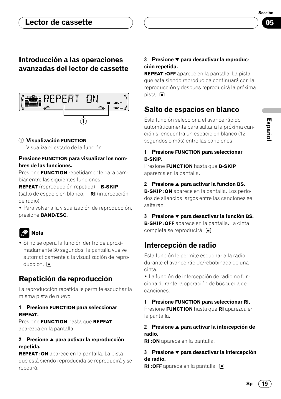 Introducción a las operaciones avanzadas, Del lector de cassette 19, Lector de cassette | Repetición de reproducción, Salto de espacios en blanco, Intercepción de radio | Pioneer KEH-P6020RB User Manual | Page 57 / 116