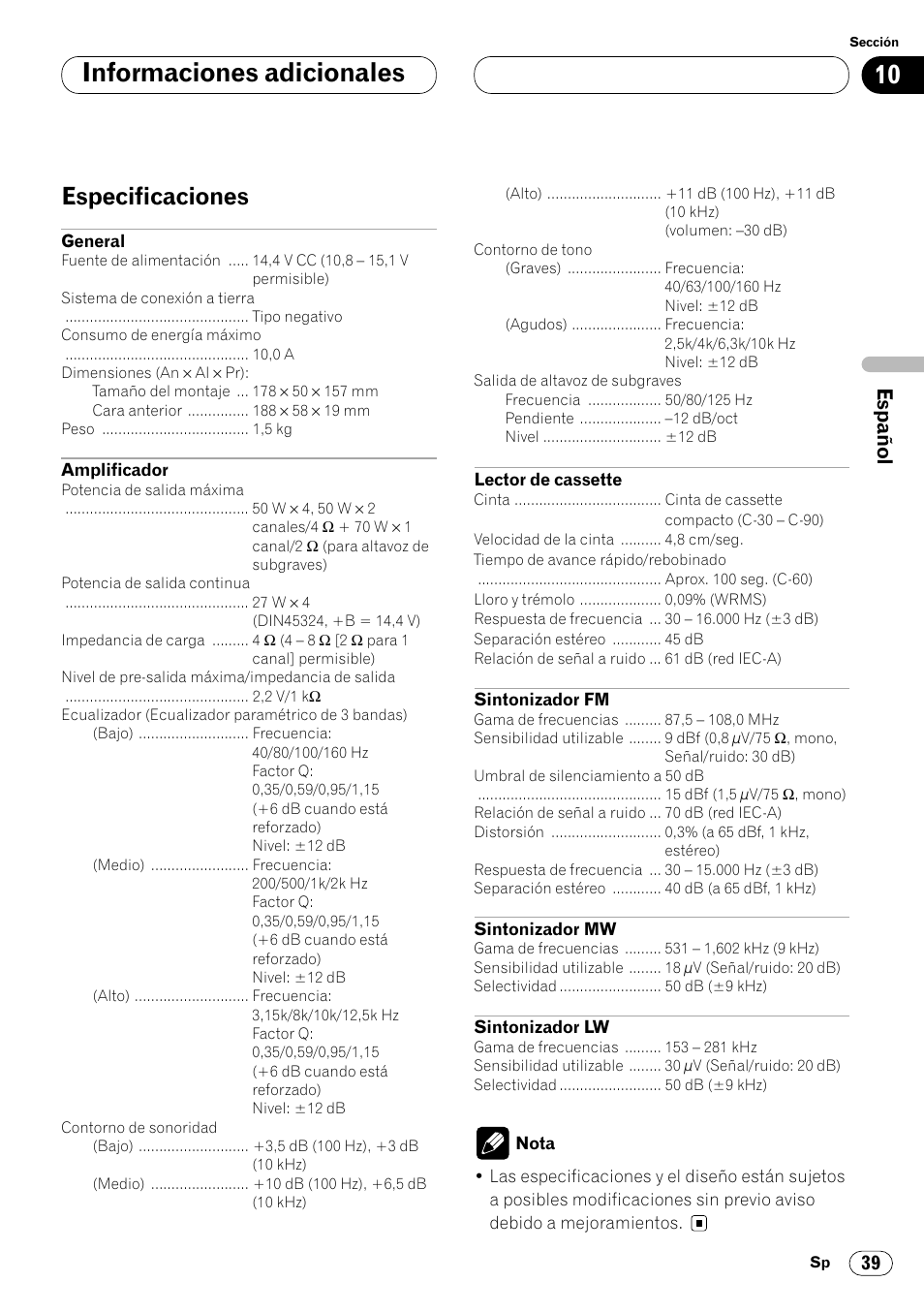 Especificaciones 39, Informaciones adicionales, Especificaciones | Pioneer KEH-P6020RB User Manual | Page 77 / 116