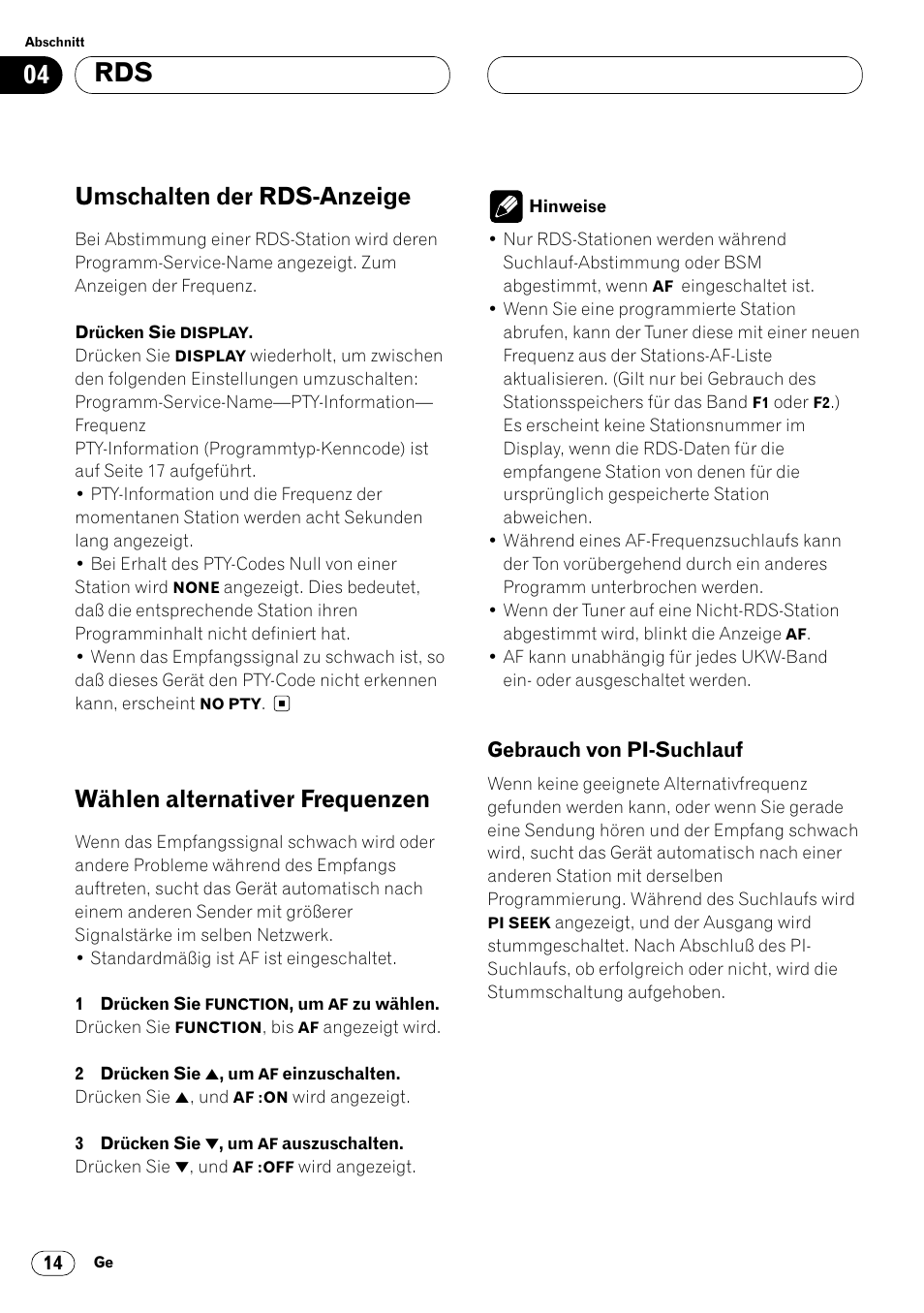 Gebrauch von pi-suchlauf 14, Umschalten der rds-anzeige, Wählen alternativer frequenzen | Pioneer KEH-P6020RB User Manual | Page 90 / 116