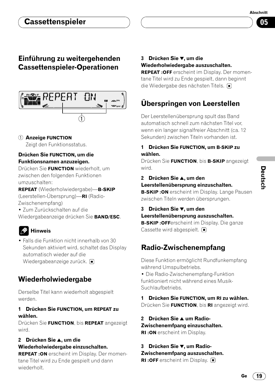 Einführung zu weitergehenden, Cassettenspieler-operationen 19, Cassettenspieler | Wiederholwiedergabe, Überspringen von leerstellen, Radio-zwischenempfang | Pioneer KEH-P6020RB User Manual | Page 95 / 116