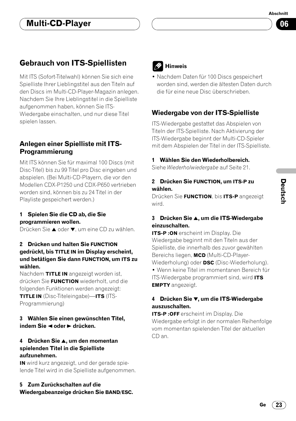 Gebrauch von its-spiellisten 23, Anlegen einer spielliste mit its, Programmierung 23 | Wiedergabe von der its-spielliste 23, Multi-cd-player, Gebrauch von its-spiellisten | Pioneer KEH-P6020RB User Manual | Page 99 / 116