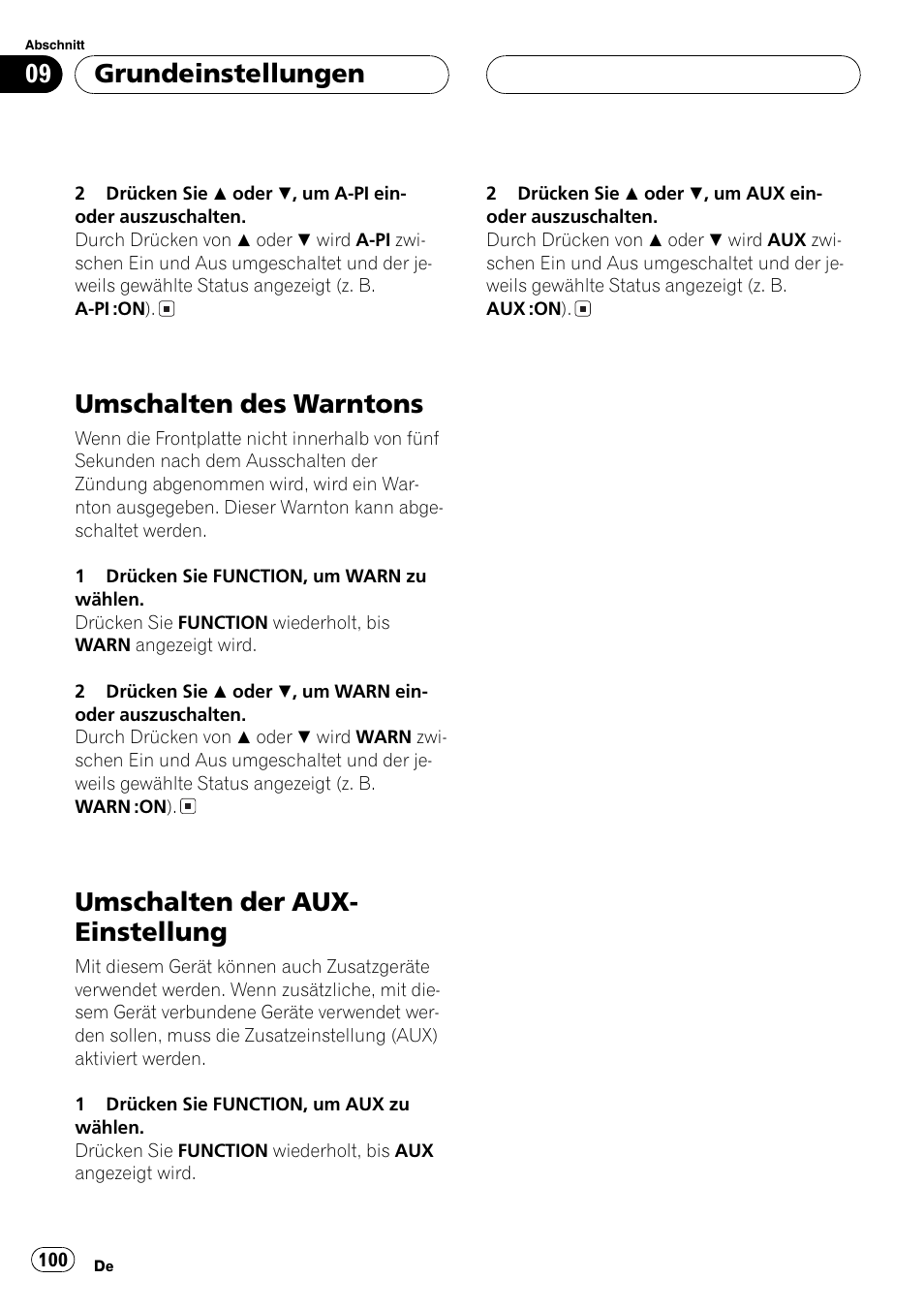 Umschalten des warntons 100, Umschalten der aux-einstellung 100, Umschalten des warntons | Umschalten der aux- einstellung, Grundeinstellungen | Pioneer DEH-P2600R User Manual | Page 100 / 105