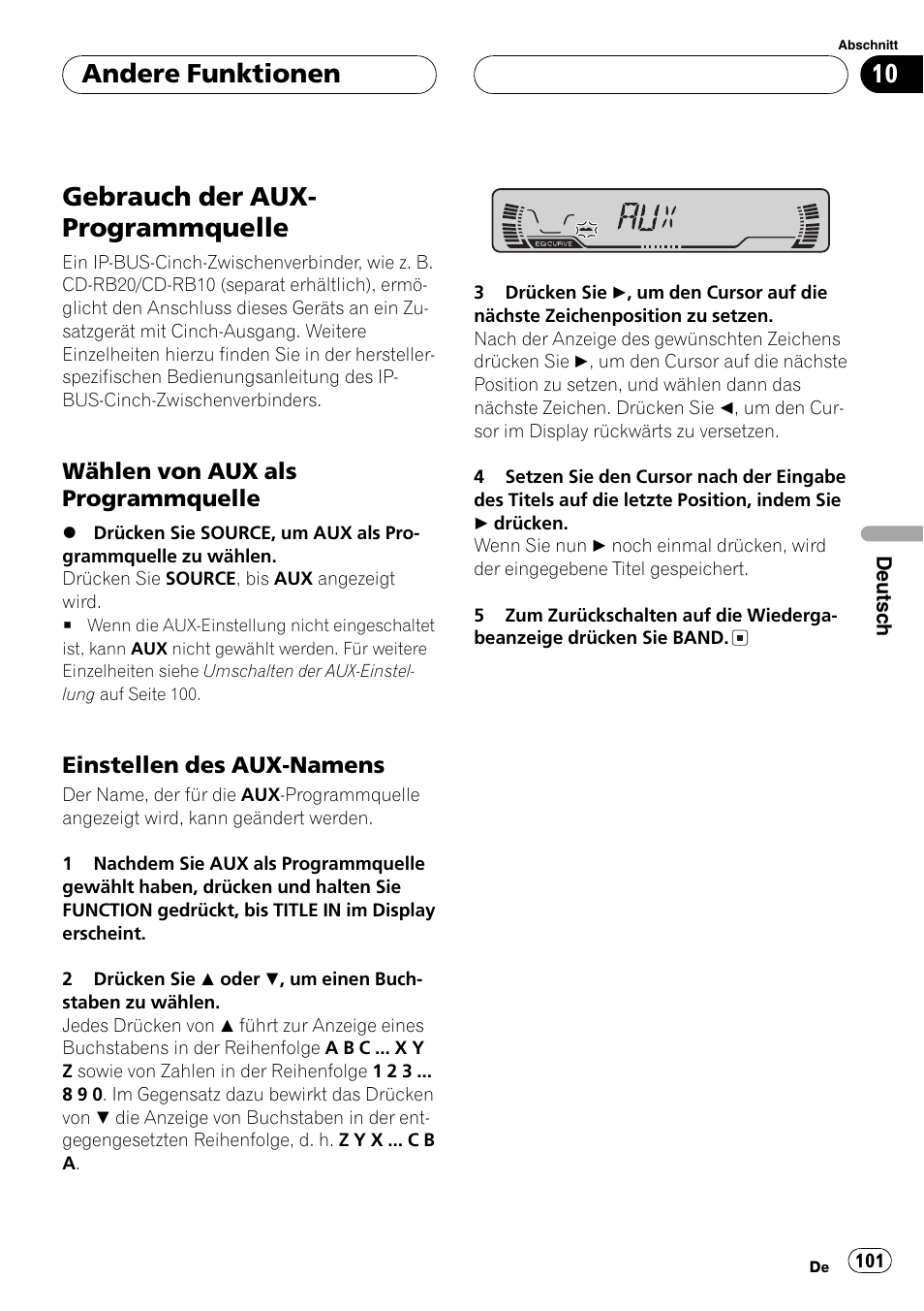 Andere funktionen, Gebrauch der aux-programmquelle 101, Wählen von aux als | Programmquelle 101, Einstellen des aux-namens 101, Gebrauch der aux- programmquelle | Pioneer DEH-P2600R User Manual | Page 101 / 105