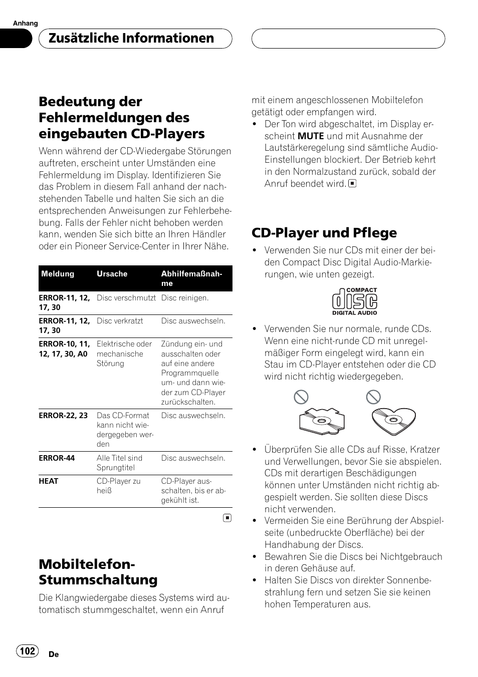 Zusätzliche informationen, Bedeutung der fehlermeldungen des, Eingebauten cd-players 102 | Mobiltelefon-stummschaltung 102, Cd-player und pflege 102, Mobiltelefon- stummschaltung, Cd-player und pflege | Pioneer DEH-P2600R User Manual | Page 102 / 105