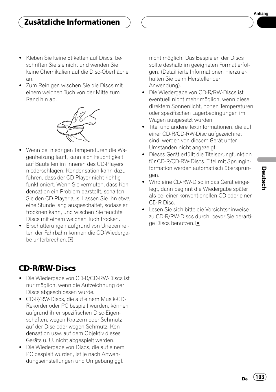 Cd-r/rw-discs 103, Cd-r/rw-discs, Zusätzliche informationen | Pioneer DEH-P2600R User Manual | Page 103 / 105