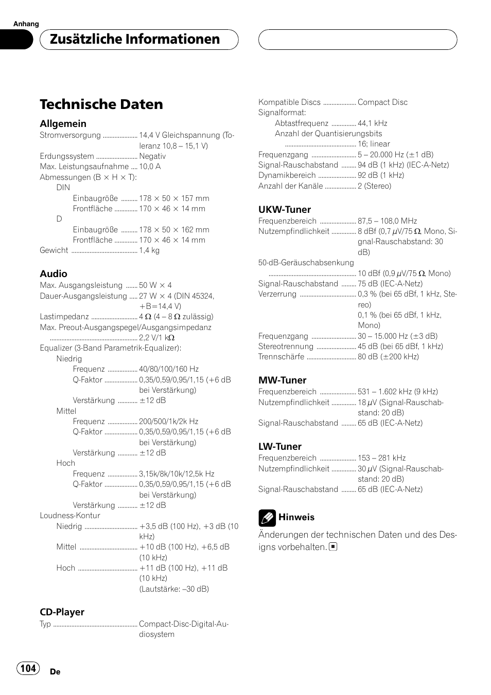 Technische daten 104, Technische daten, Zusätzliche informationen | Pioneer DEH-P2600R User Manual | Page 104 / 105