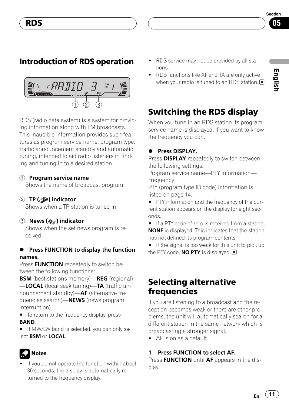 Introduction of rds operation, Switching the rds display, Selecting alternative frequencies | Pioneer DEH-P2600R User Manual | Page 11 / 105