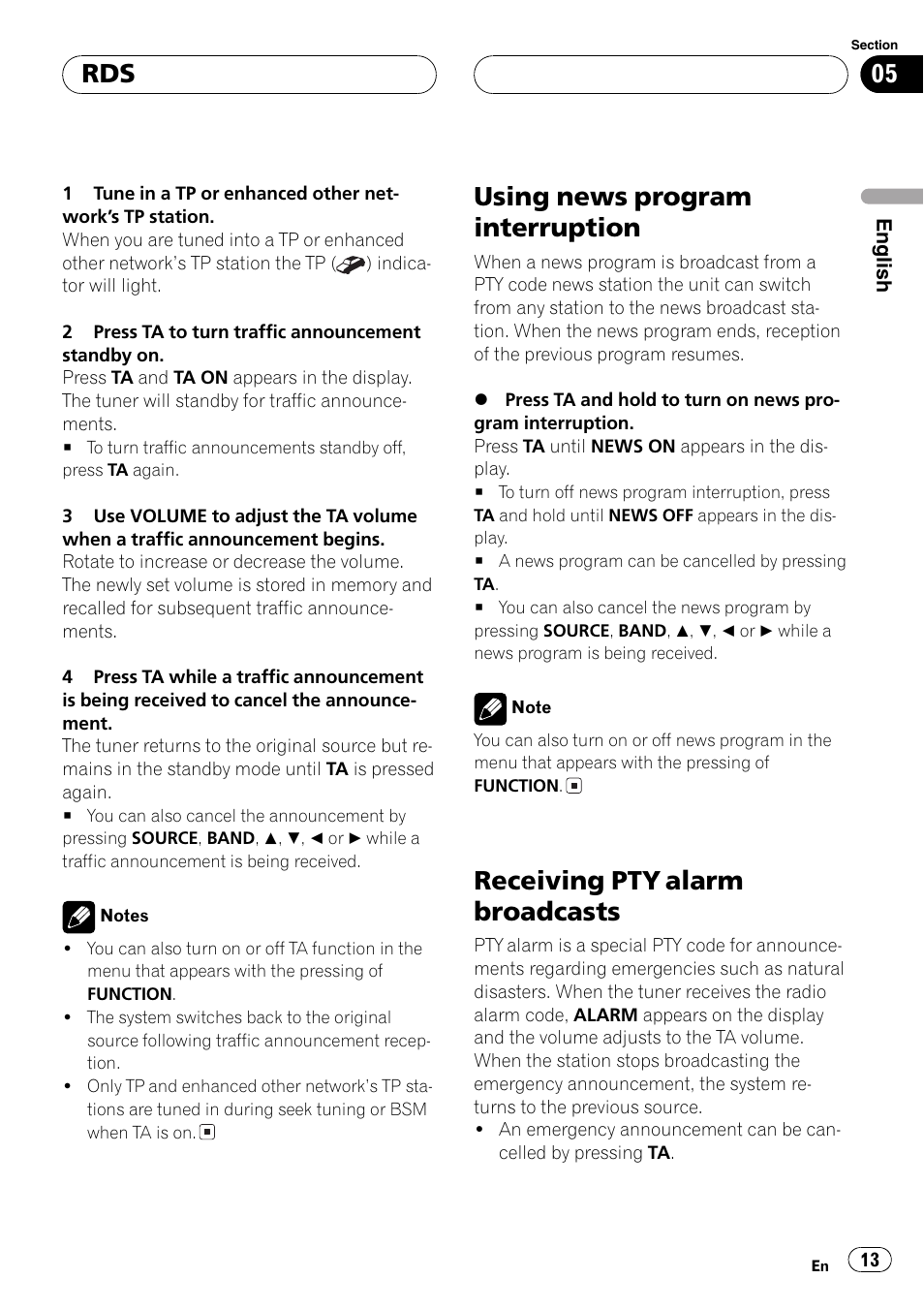 Using news program interruption, Receiving pty alarm broadcasts | Pioneer DEH-P2600R User Manual | Page 13 / 105