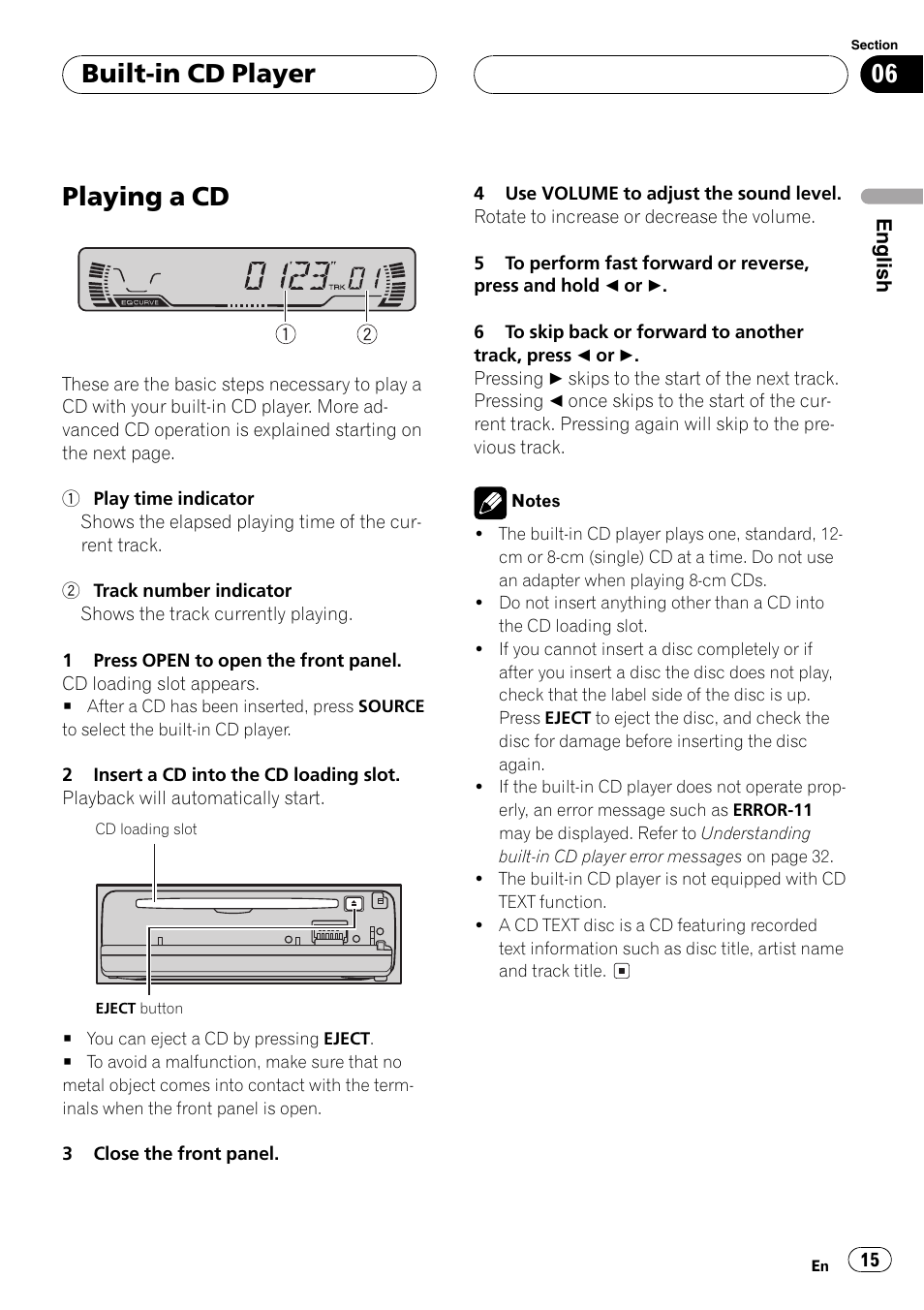 Built-in cd player playing a cd 15, Playing a cd, Built-in cd player | Pioneer DEH-P2600R User Manual | Page 15 / 105