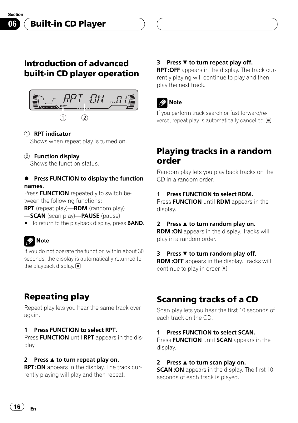 Introduction of advanced built-in cd player, Operation 16, Repeating play | Playing tracks in a random order, Scanning tracks of a cd, Built-in cd player | Pioneer DEH-P2600R User Manual | Page 16 / 105