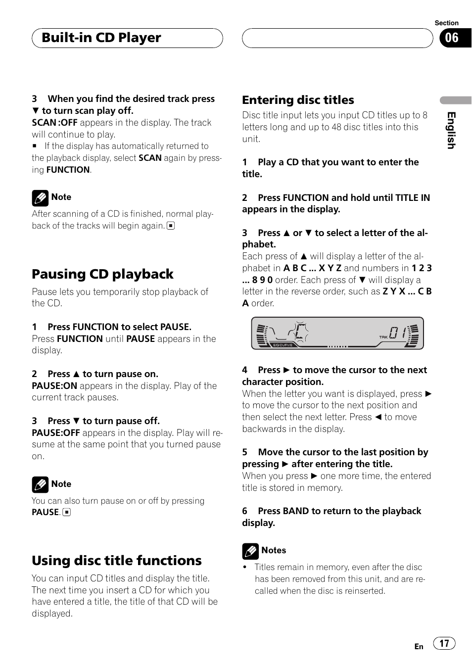 Entering disc titles 17, Pausing cd playback, Using disc title functions | Built-in cd player, Entering disc titles | Pioneer DEH-P2600R User Manual | Page 17 / 105
