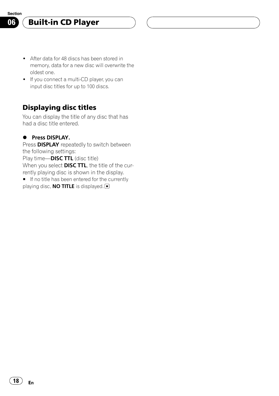 Displaying disc titles 18, Built-in cd player, Displaying disc titles | Pioneer DEH-P2600R User Manual | Page 18 / 105