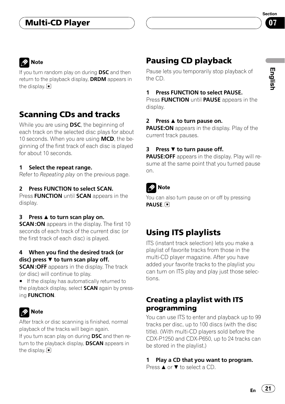 Creating a playlist with its, Programming 21, Scanning cds and tracks | Pausing cd playback, Using its playlists, Multi-cd player | Pioneer DEH-P2600R User Manual | Page 21 / 105
