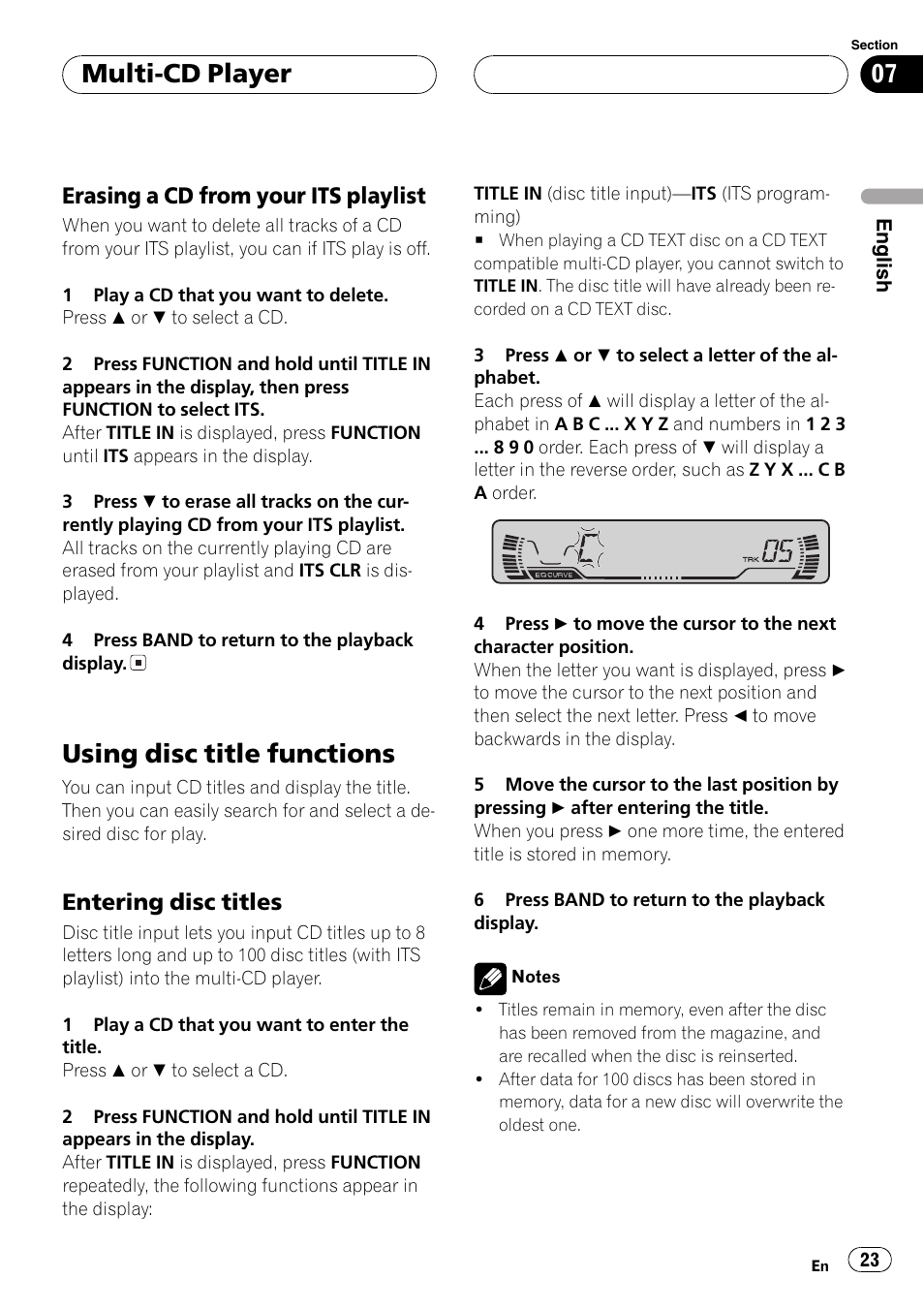 Erasing a cd from your its, Playlist 23, Using disc title functions 23 | Entering disc titles 23, Using disc title functions, Multi-cd player, Erasing a cd from your its playlist, Entering disc titles | Pioneer DEH-P2600R User Manual | Page 23 / 105