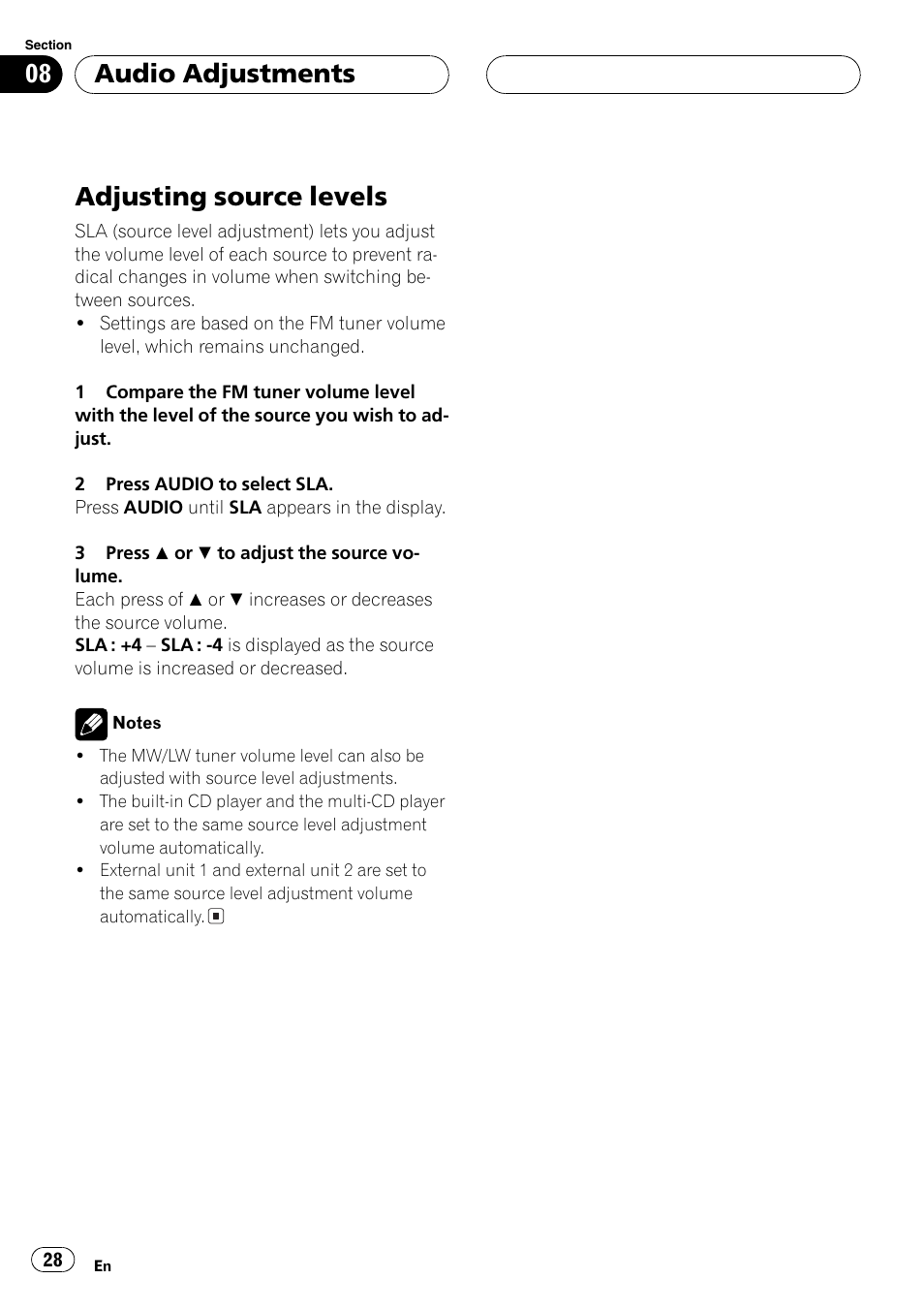 Adjusting source levels 28, Adjusting source levels, Audio adjustments | Pioneer DEH-P2600R User Manual | Page 28 / 105