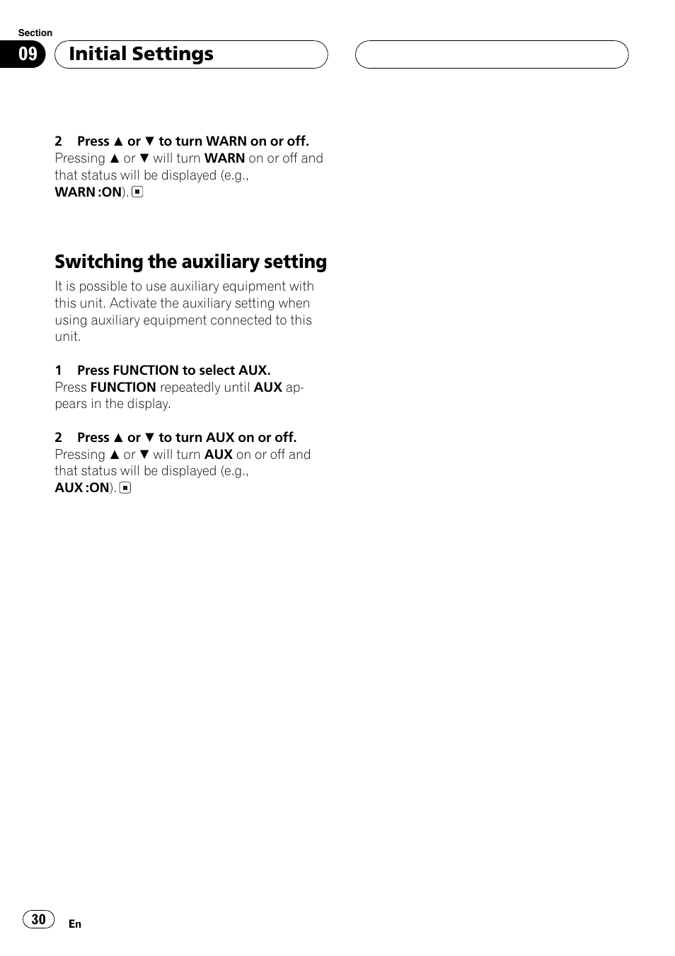 Switching the auxiliary setting 30, Switching the auxiliary setting, Initial settings | Pioneer DEH-P2600R User Manual | Page 30 / 105