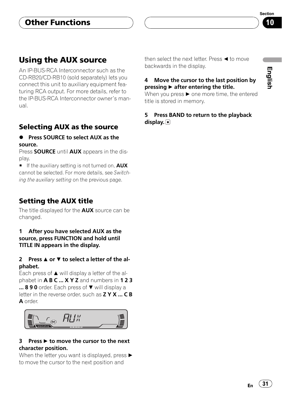 Other functions using the aux source 31, Selecting aux as the source 31, Setting the aux title 31 | Using the aux source, Other functions, Selecting aux as the source, Setting the aux title | Pioneer DEH-P2600R User Manual | Page 31 / 105